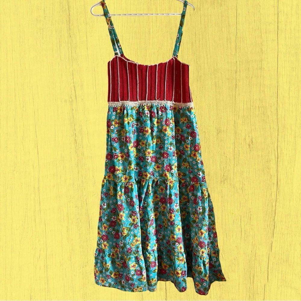 70s vintage crochet lace up dress floral tiered skirt - Picture 6 of 10